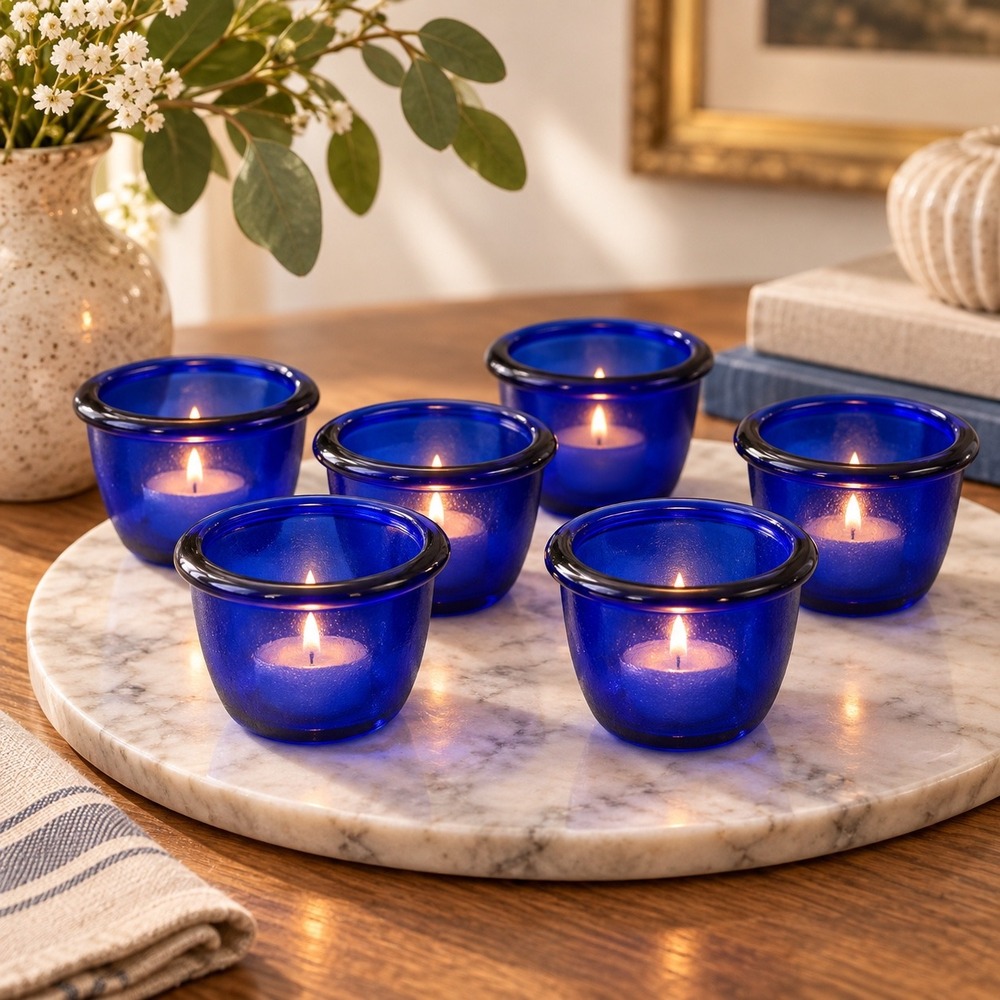 Vintage France Cobalt Blue Glass Ramekins Votive Candle Holders Set 6 MCM Decor